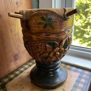 ▫️Drum Deer Leather Floral Native American Wooden Carved